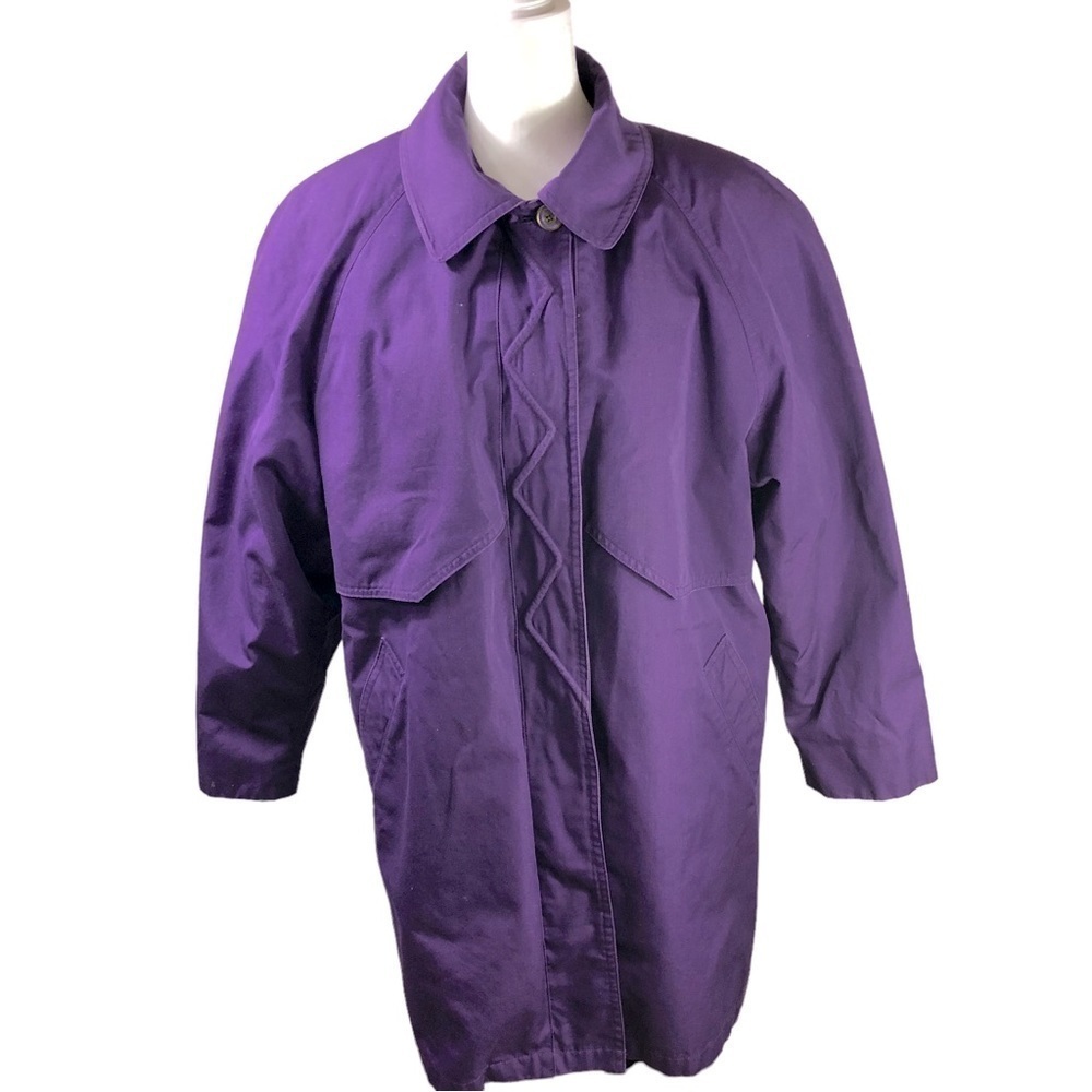 London Fog Trench Coat Women 8 Purple Zipout Plaid Lining Classic Career Vintage